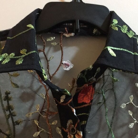 Sheer Embroidered Collared button Down Top - Picture 3 of 9